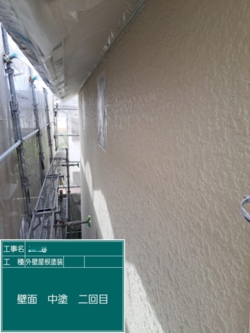 屋根外壁塗装工事　外壁中塗り